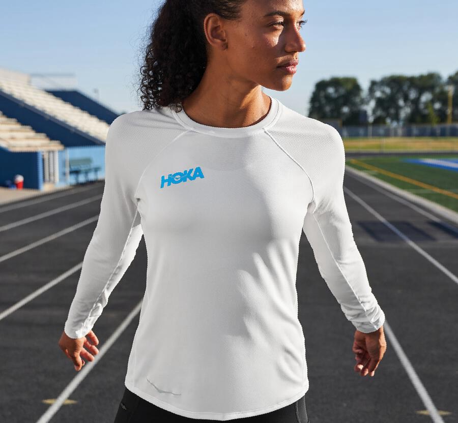 Top Hoka One One Mujer - Performance Largos Sleeve - Blancas - UAS235867